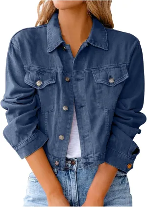 XUETON Denim Jackets for Women Long Sleeve Basic Vintage Lapel Button Down Jeans Trucker Jackets with Pockets(Dark Blue,Large)