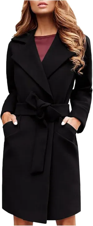 XUETON Womens Open Front Duster Trench Coat Winter Wool Blend Pea Coat Oversized Warm Lapel Work Business Jacket Outerwear(Black,Small)