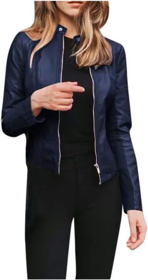 XUETON Womens Quilted Lined Faux Leather Jackets Zip Up Motorcycle Short PU Moto Biker Outwear Fitted Slim Coat Outwear(Navy,Large)