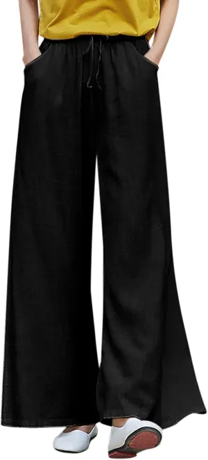 YOLAI Womens Cotton Linen Pant Elastic Waist Wide Leg Trousers Drawstring Solid Color Pants Breathable Lightweight Pants (Black, XL)
