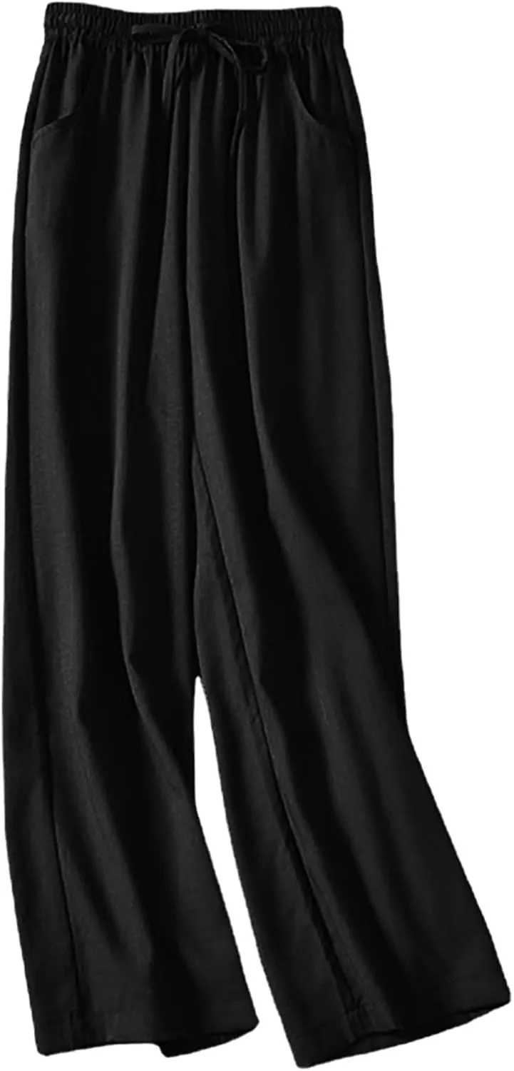 YOLAI Womens Cotton Linen Pant Elastic Waist Wide Leg Trousers Drawstring Solid Color Pants Breathable Lightweight Pants (Black, XL)