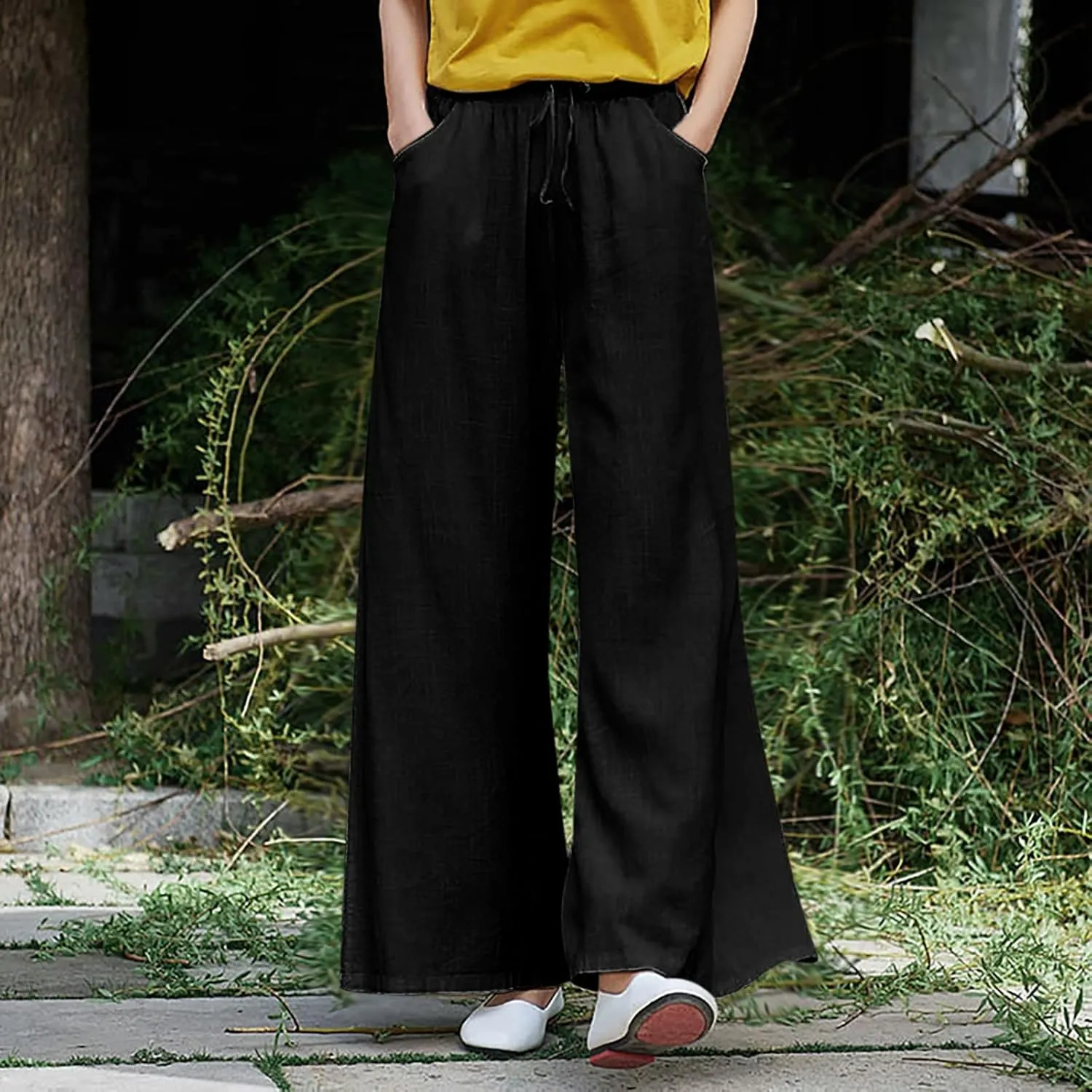 YOLAI Womens Cotton Linen Pant Elastic Waist Wide Leg Trousers Drawstring Solid Color Pants Breathable Lightweight Pants (Black, XL)