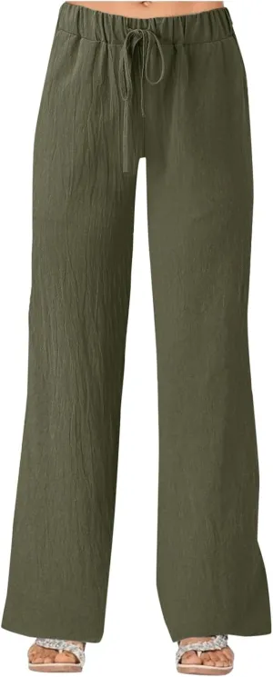 YOLAI Women's Solid Color Loose Casual Pants Wide Leg Cotton Linen Pants Drawstring Elastic Waist Trousers with Pockets