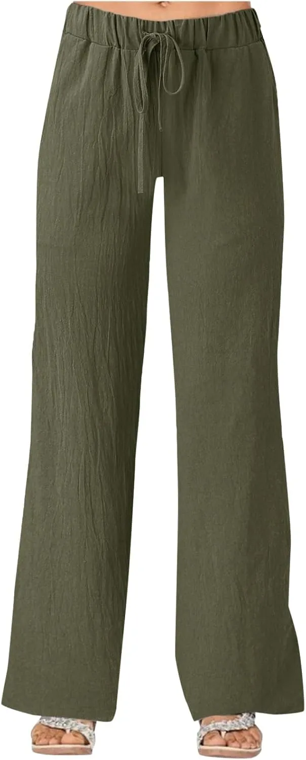 YOLAI Women's Solid Color Loose Casual Pants Wide Leg Cotton Linen Pants Drawstring Elastic Waist Trousers with Pockets