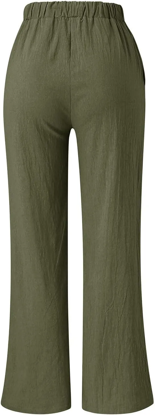 YOLAI Women's Solid Color Loose Casual Pants Wide Leg Cotton Linen Pants Drawstring Elastic Waist Trousers with Pockets
