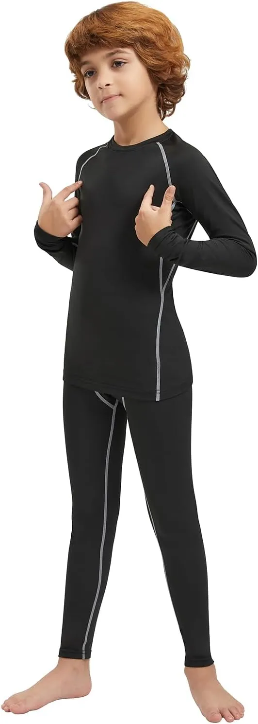 Youth Boys Thermal Underwear Set Compression Fleece Lined Leggings with Athletic Shirts Base Layer