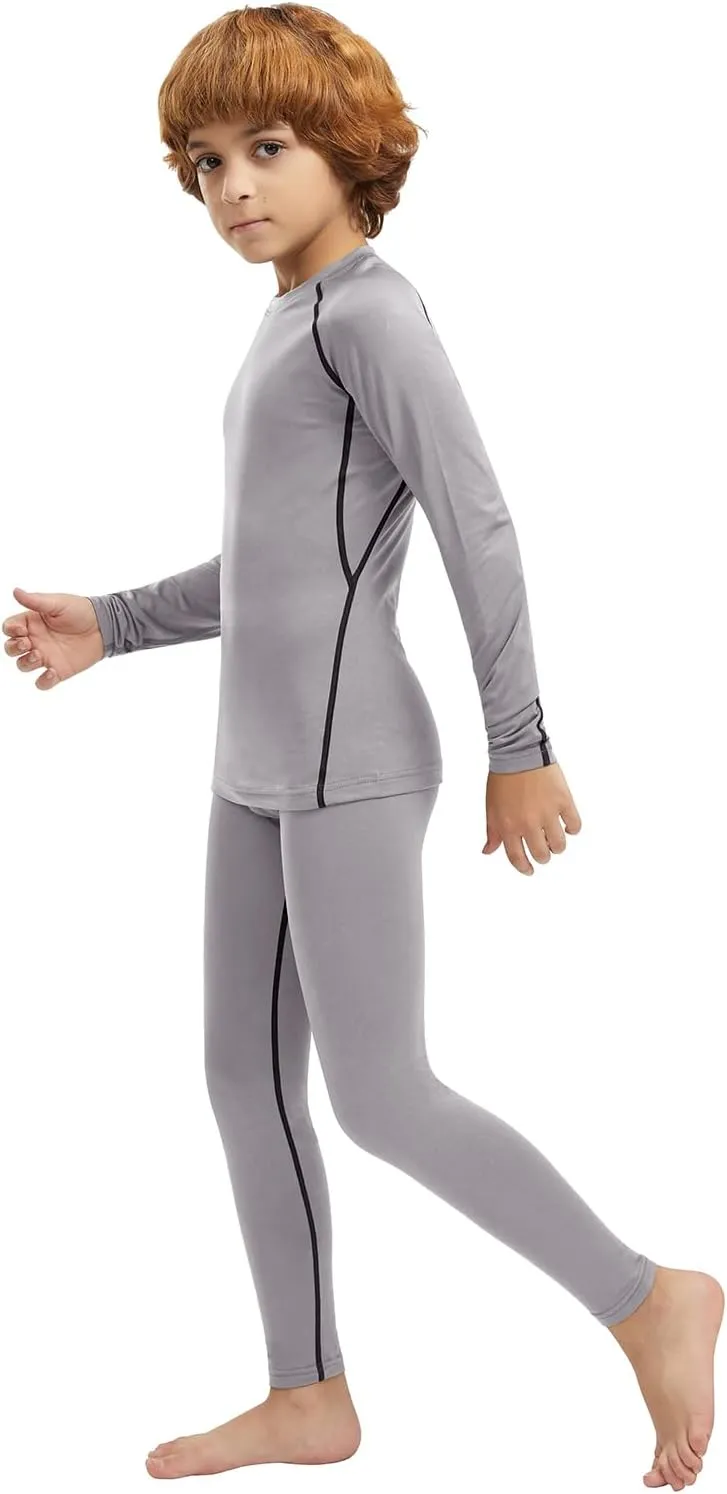Youth Boys Thermal Underwear Set Compression Fleece Lined Leggings with Athletic Shirts Base Layer