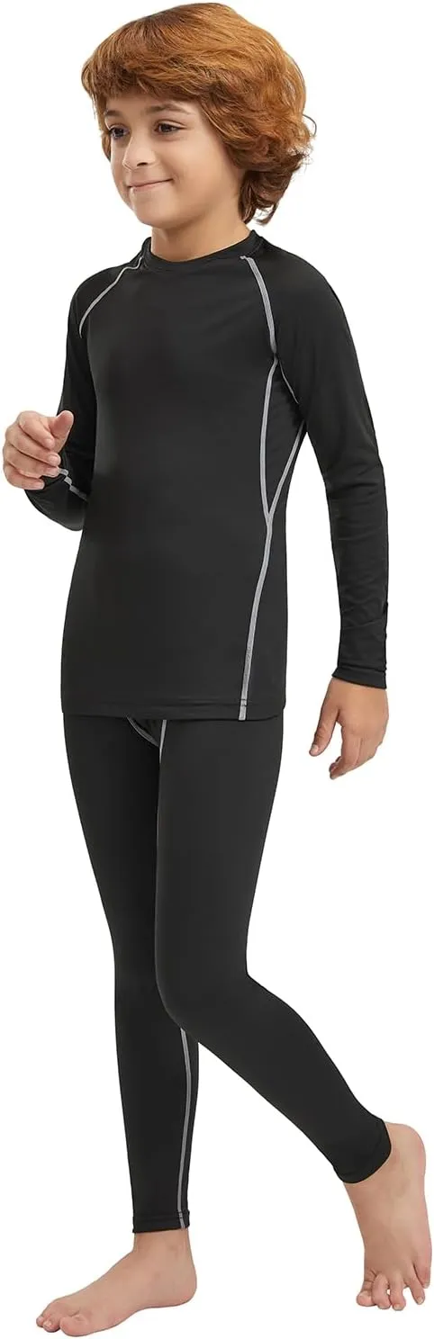 Youth Boys Thermal Underwear Set Compression Fleece Lined Leggings with Athletic Shirts Base Layer