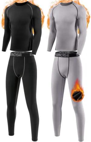 Youth Boys Thermal Underwear Set Compression Fleece Lined Leggings with Athletic Shirts Base Layer