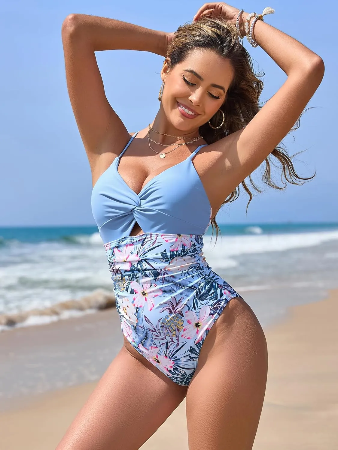 ZAFUL Women's One Piece Swimsuits Cut Out Tummy Control Twist Front Bathing Suit Sexy Tie Back Push Up Slimming Swimwear