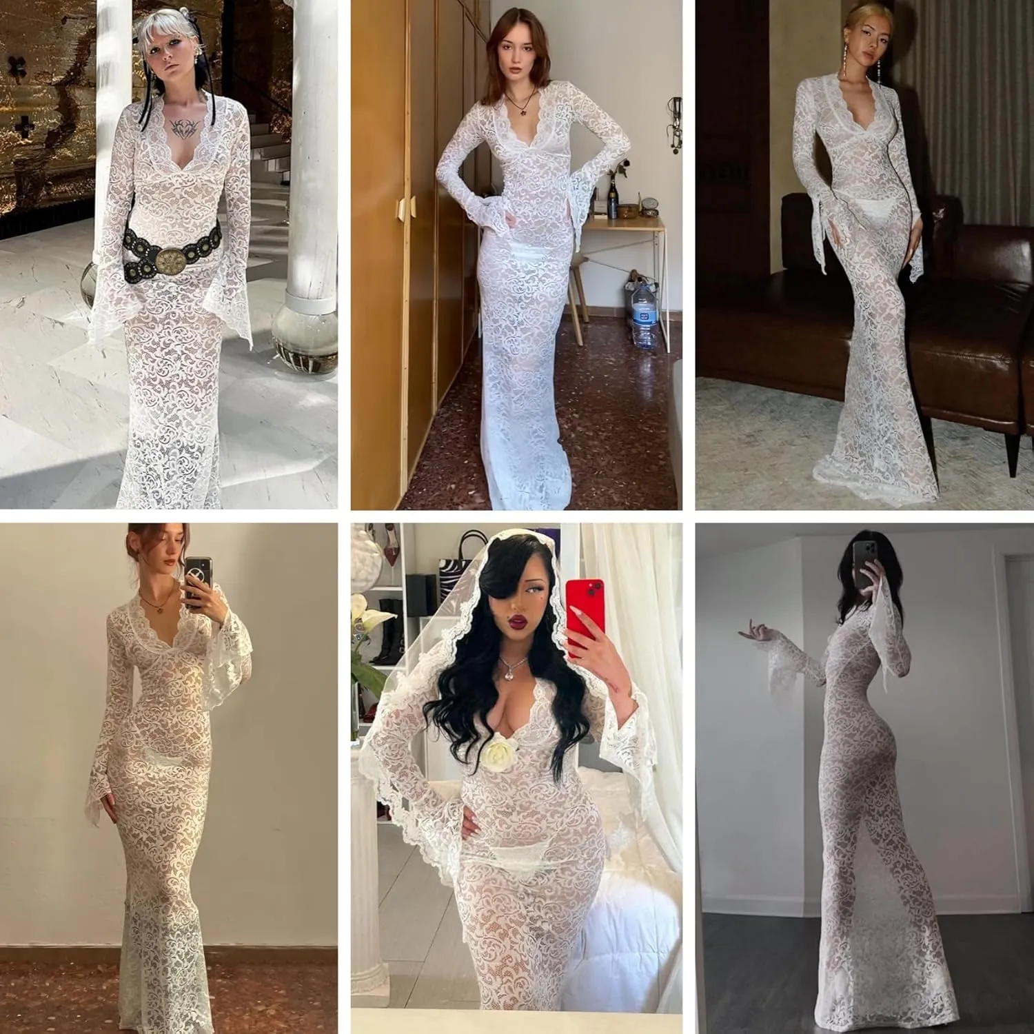 ZGMYC Women's Elegant Floral Lace Maxi Dress Sexy See Through Long Sleeve Evening Dress Party Cocktail Dress Beach Cover Ups