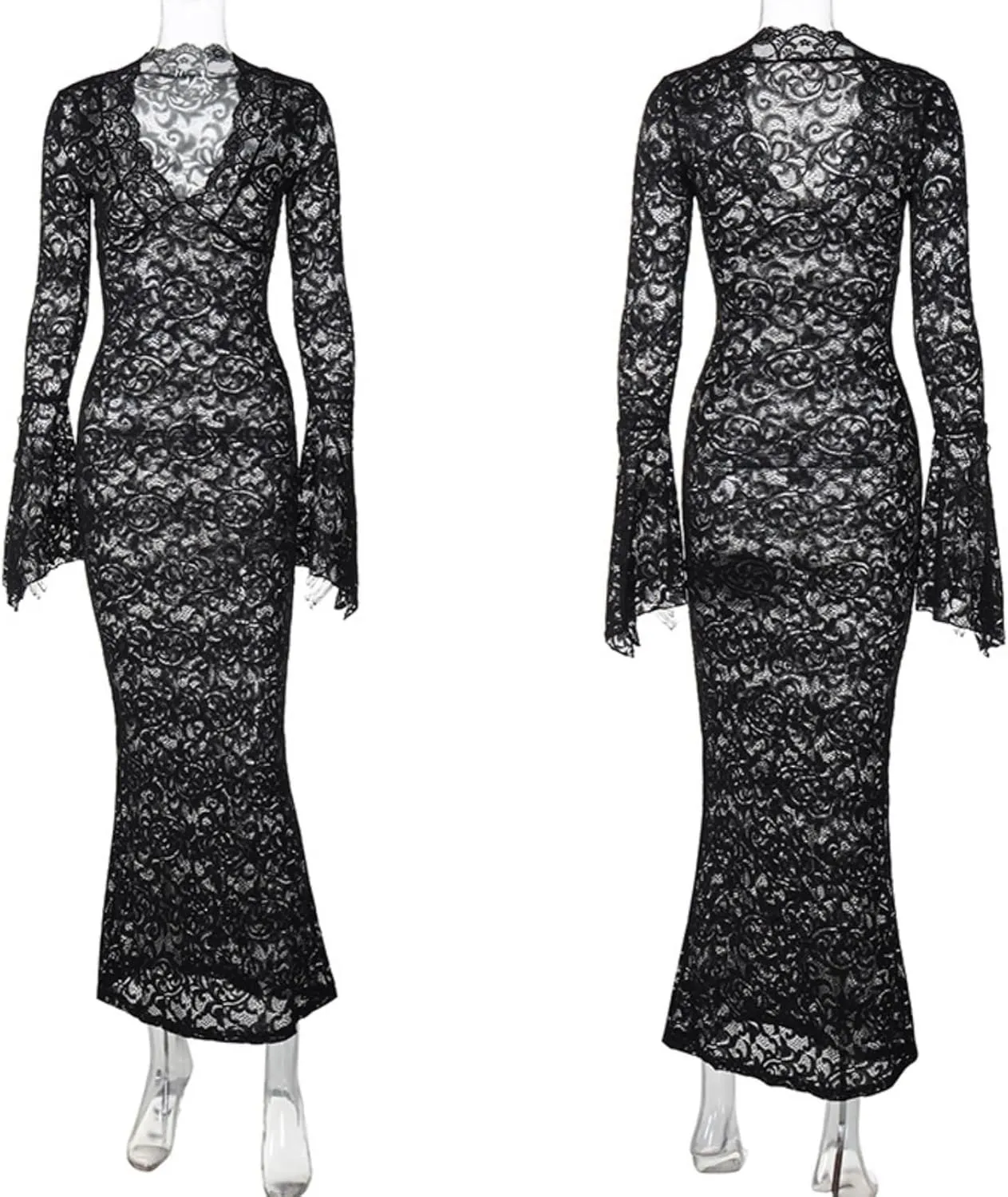 ZGMYC Women's Elegant Floral Lace Maxi Dress Sexy See Through Long Sleeve Evening Dress Party Cocktail Dress Beach Cover Ups