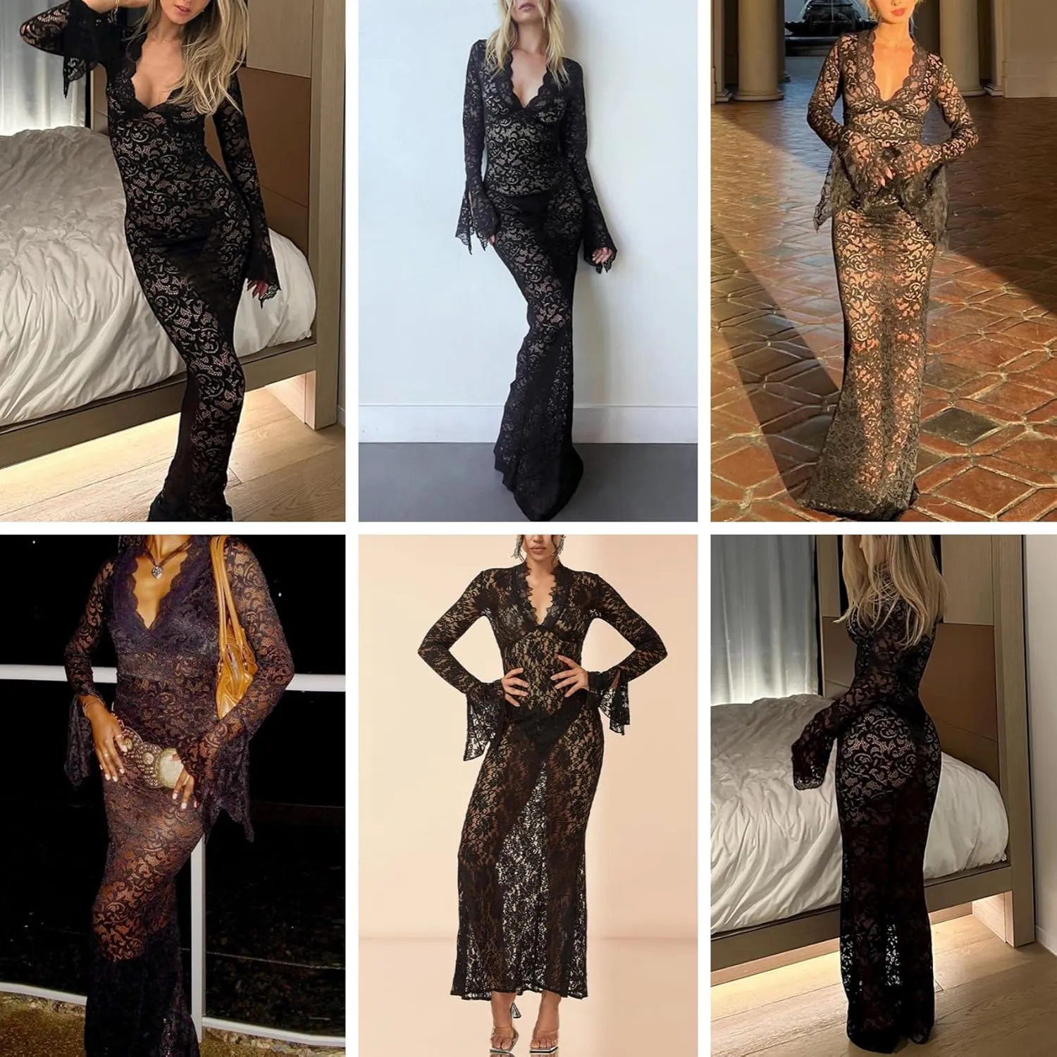 ZGMYC Women's Elegant Floral Lace Maxi Dress Sexy See Through Long Sleeve Evening Dress Party Cocktail Dress Beach Cover Ups