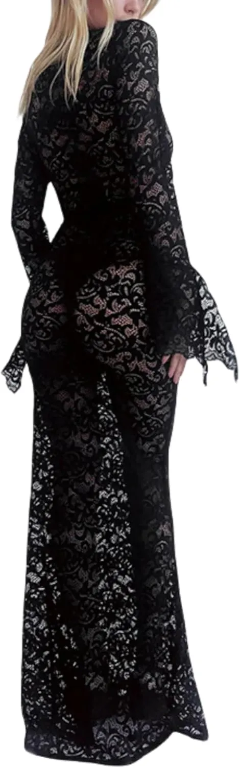 ZGMYC Women's Elegant Floral Lace Maxi Dress Sexy See Through Long Sleeve Evening Dress Party Cocktail Dress Beach Cover Ups