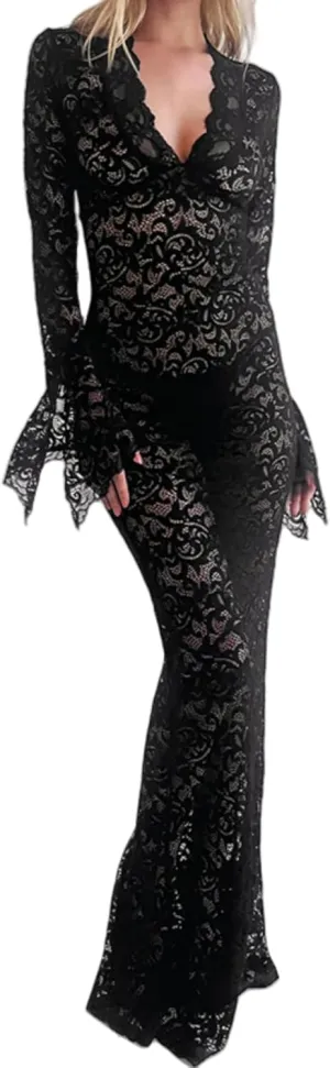 ZGMYC Women's Elegant Floral Lace Maxi Dress Sexy See Through Long Sleeve Evening Dress Party Cocktail Dress Beach Cover Ups