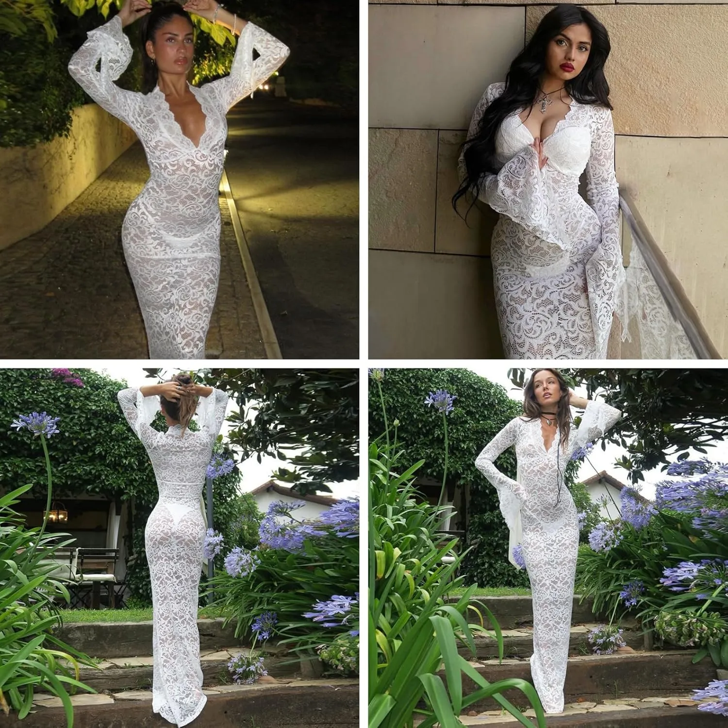ZGMYC Women's Elegant Floral Lace Maxi Dress Sexy See Through Long Sleeve Evening Dress Party Cocktail Dress Beach Cover Ups