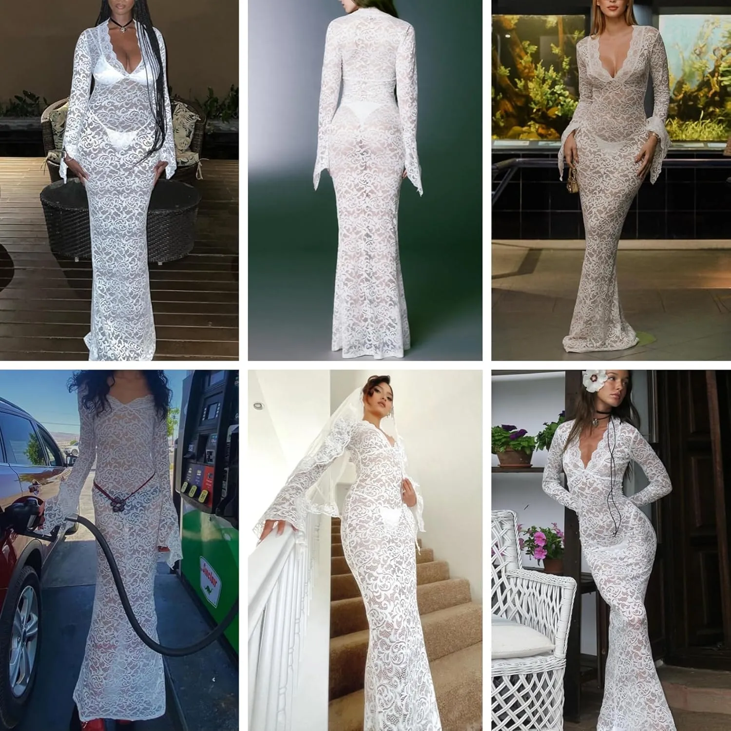 ZGMYC Women's Elegant Floral Lace Maxi Dress Sexy See Through Long Sleeve Evening Dress Party Cocktail Dress Beach Cover Ups