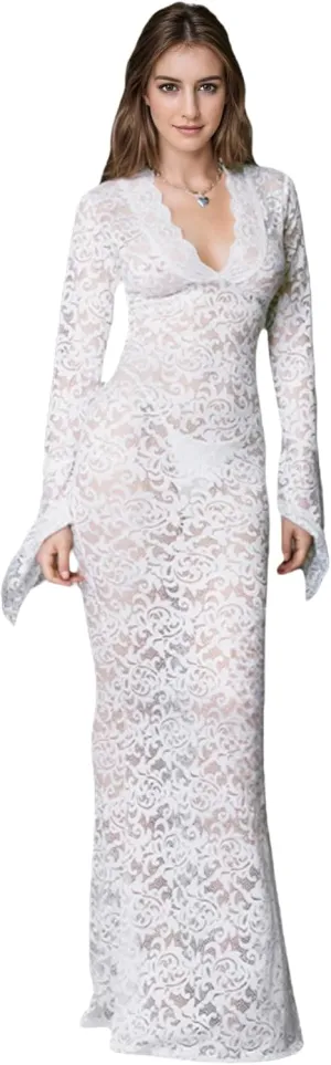 ZGMYC Women's Elegant Floral Lace Maxi Dress Sexy See Through Long Sleeve Evening Dress Party Cocktail Dress Beach Cover Ups