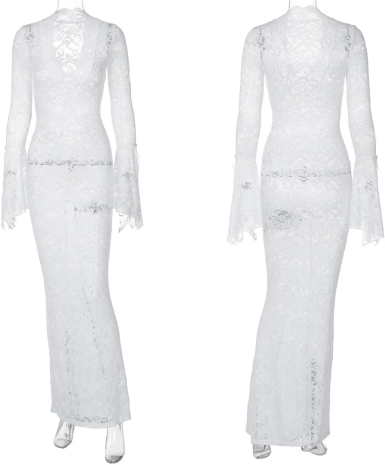 ZGMYC Women's Elegant Floral Lace Maxi Dress Sexy See Through Long Sleeve Evening Dress Party Cocktail Dress Beach Cover Ups