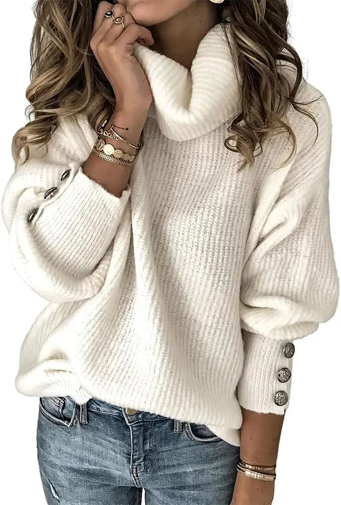ZOAVIA Women's Turtleneck Pullover Sweater Casual Loose Button Long Sleeve Ribbed Knit Tunic Tops Lightweight Jumper Tops