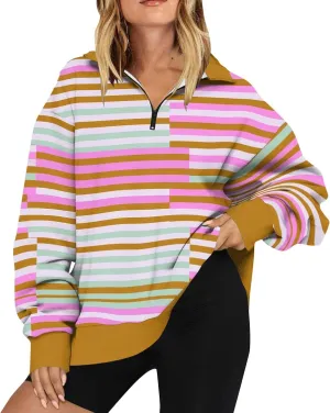 ZYXTIM Women's Fashion Striped Sweatshirts Quarter Zip Long Sleeve Pullover Tops Casual Sweaters Teen Girls Fall Y2K Clothes